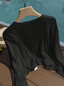 SHEIN Privé Plus Size Women Casual Solid Color Long Sleeve Black Cardigan Women Summer Y2k Summer Cardigan,Fall,Winter