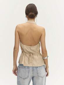 Nöista 夏季中国风领口亚麻条纹无袖蝴蝶结细节亚麻条纹和蝴蝶结细节不对称下摆上衣，外出 - 芥末黃 - 查看 2