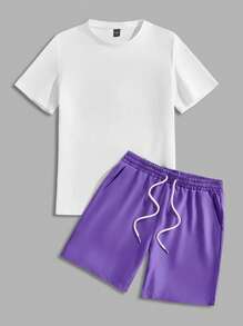 1pc Manfinity Roghcode Conjunto de top de punto ajustado y pantalones cortos de tejido para hombreTodas las tallas Conjunto familiar - Blanco y Negro - Ver 4