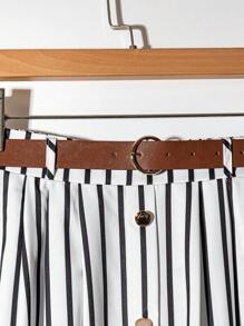 Franclia Casual Fashionable Versatile Elasticated Waist With Brown Leather Belt Pleated Midi Skirt - Black and White - View 5