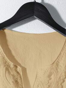 SHEIN PETITE CURVE Plus Size Women's Vacation Solid Color Contrast Lace Long Sleeve Loose Casual Shirt Cotton Tunic Tops For Women Cotton Blouse Tunic Blouse Embroidered Cotton Top