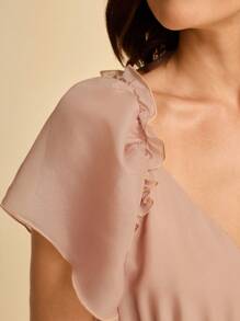 CAJUNI Women's Summer Holiday Beach Casual Tropical Bohemian Chiffon Puff Sleeve Asymmetrical Hem Short Dress - Camel - View 7