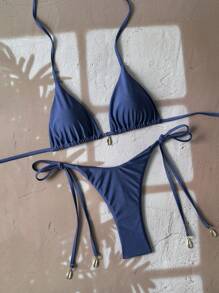 SHEIN Swim Vcay Springbreak 女士夏季沙滩纯色露背性感比基尼泳装套装 - 霧霾藍 - 查看 6