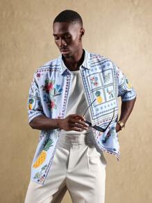 SUMWON Camisa hawaiana de manga corta con botones, de uso casual para vacaciones, playa y verano, con patrón de punto de cruz floral y piña