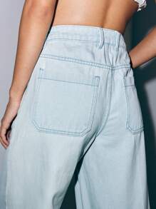 Lumivelle Quần Jeans Ống Rộng Cạp Trung Bình Rộng Thoải Mái Có Túi Cho Nữ - Rửa nhẹ - Xem 4