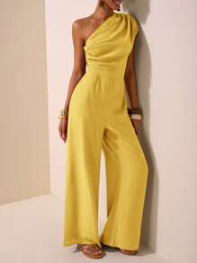 Zivah Women's Asymmetric Design Textured Fabric Brown Sleeveless Jumpsuit, Suitable For Music Festivals, Easter, St. Patrick's Day, Western/Nomadic Style, Birthday Parties, Graduation, Campus Style, Casual Outings, Vacation, Cruise Travel, Beach, Sun Bathing, Street Style, Elegant Yellow - Yellow - View 4