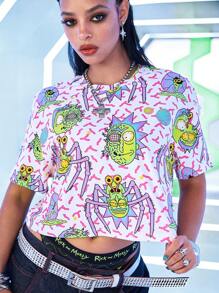Rick and Morty X SHEIN Women's White, Green, Purple Cool Cartoon Pattern Loose Cropped T-Shirt, Casual Versatile Summer Top - Multicolor - View 5