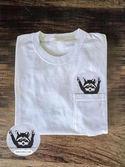INAWLY Embroidered Raccoon Pocket T-Shirt, Funny Animal Graphic Tee, Cute Raccoon Blouse, Unique Pocket Shirt, Stylish Embroidered Blouse, Fashionable Short Sleeve Embroidered Gift For Her