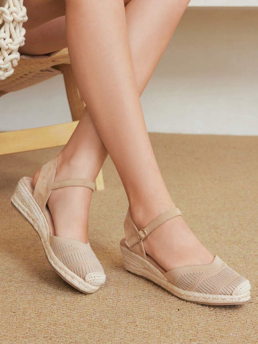 Styleloop 女士编织绳厚底坡跟凉鞋，度假风格波西米亚风复古美式西部音乐节派对厚底鞋 - 杏色 - 查看 1