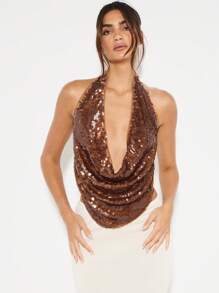 KIZN Sequin Cowl Neck Halter Top Bronze Glitter Party Night Club Backless Draped Festival Holiday Evening Wear Fashion Top - Brown - View 4