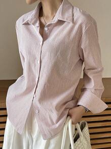 DAZY Women Vertical Striped Loose Fit Casual Long Sleeve Shirt, Summer
