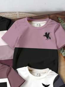 SHEIN Conjunto de 4 camisetas casuais de manga curta e gola redonda para bebês meninos, adequadas para o verão - Multicolorido - Ver 3