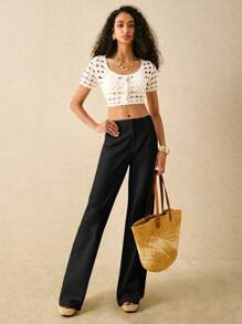 Poéselle Quần ống đứng đen giản dị có khóa kéo phía trước dành cho nữ - màu đen - Xem 3