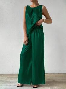 SHEIN Unity 女士时尚金属色长裤两件套新年节日派对服装 - 綠色 - 查看 3