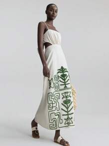 Ontre 女式白色刺绣露背夏季休闲假日无袖长裙，假日风格波西米亚女装，白色连衣裙 - 杏色 - 查看 6