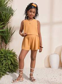 SHEIN Tween Girls Plain Texture Camisole & Shorts 2pcs Set, Suitable For Summer, Beach, Vacation - Coral Orange - View 3