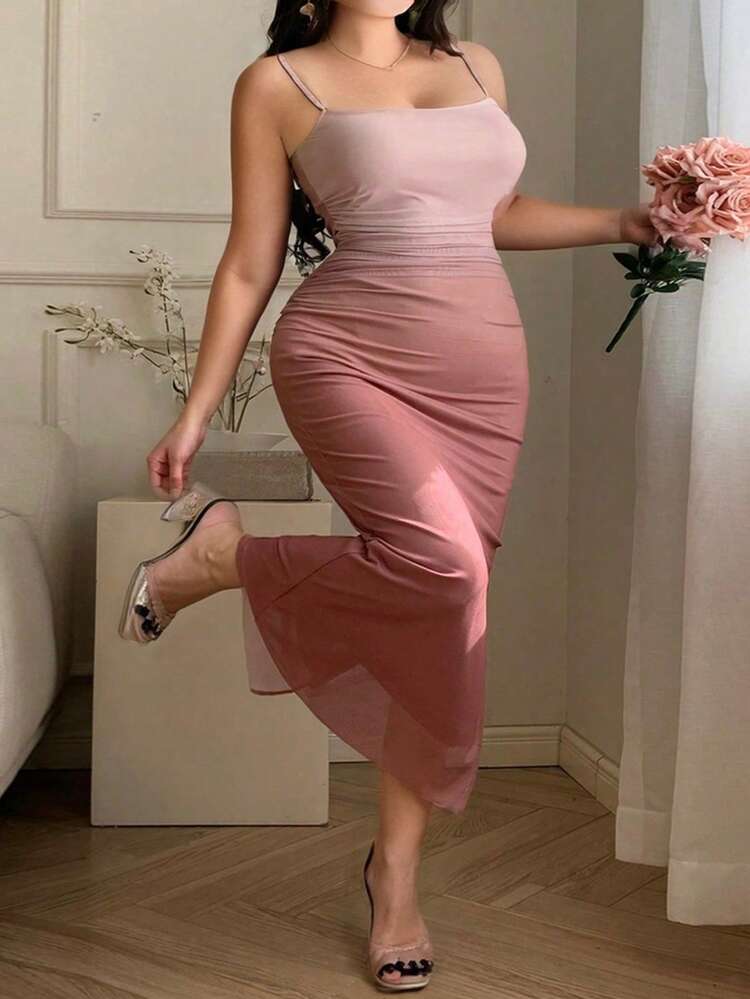 Valentine Plus Size Stretchy Bodycon Ombre Knit Mesh Maxi Slip Dress, Back To School Clothes