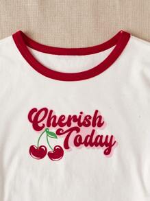 Tween Girls' Casual Fashion Cute Cherry Print Contrast Color Short Sleeve T-Shirt, Spring/Summer