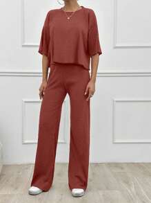 SHEIN Tall Cotton Simple Summer Solid Loose Drop Shoulder Short Sleeve Top And Straight Pants, Tall Women - Redwood - View 4