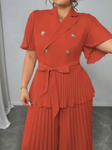 Elenzga Ensemble deux pièces femme grande taille élégant et simple d'été, avec un Top ample à manches courtes plissées et une jupe