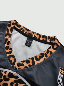 ROMWE MEN Prep 2pcs/Set Men Streetwear Style Patchwork Leopard Print & Numeric English Letter Graphic Tee Shirt Set - Black - View 5