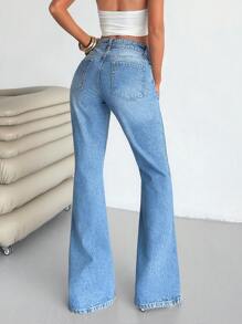 SHEIN Cottnline Women's High Waist Y2K Flare Leg Jeans, Blue, Summer Women's Clothes Women's Summer Clothes Women Summer Sets Women's Summer Shirts - Medium Wash - View 3