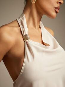 Hauture Sexy Summer Casual Asymmetrical Neck Backless Cowl Top - Khaki - View 2
