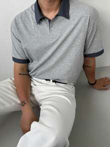 DAZY Camisa tipo polo de hombre con cuello a contraste gris, para verano