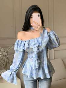 Modelyn 女式扎染露肩荷叶边修身衬衫，时尚新款，春夏 - 淺藍色 - 查看 5