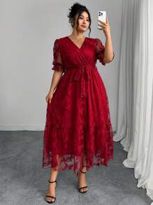 Modelyn Plus Size Women Butterfly Mesh Ruffle Sleeve Elegant Dress - Red - View 6