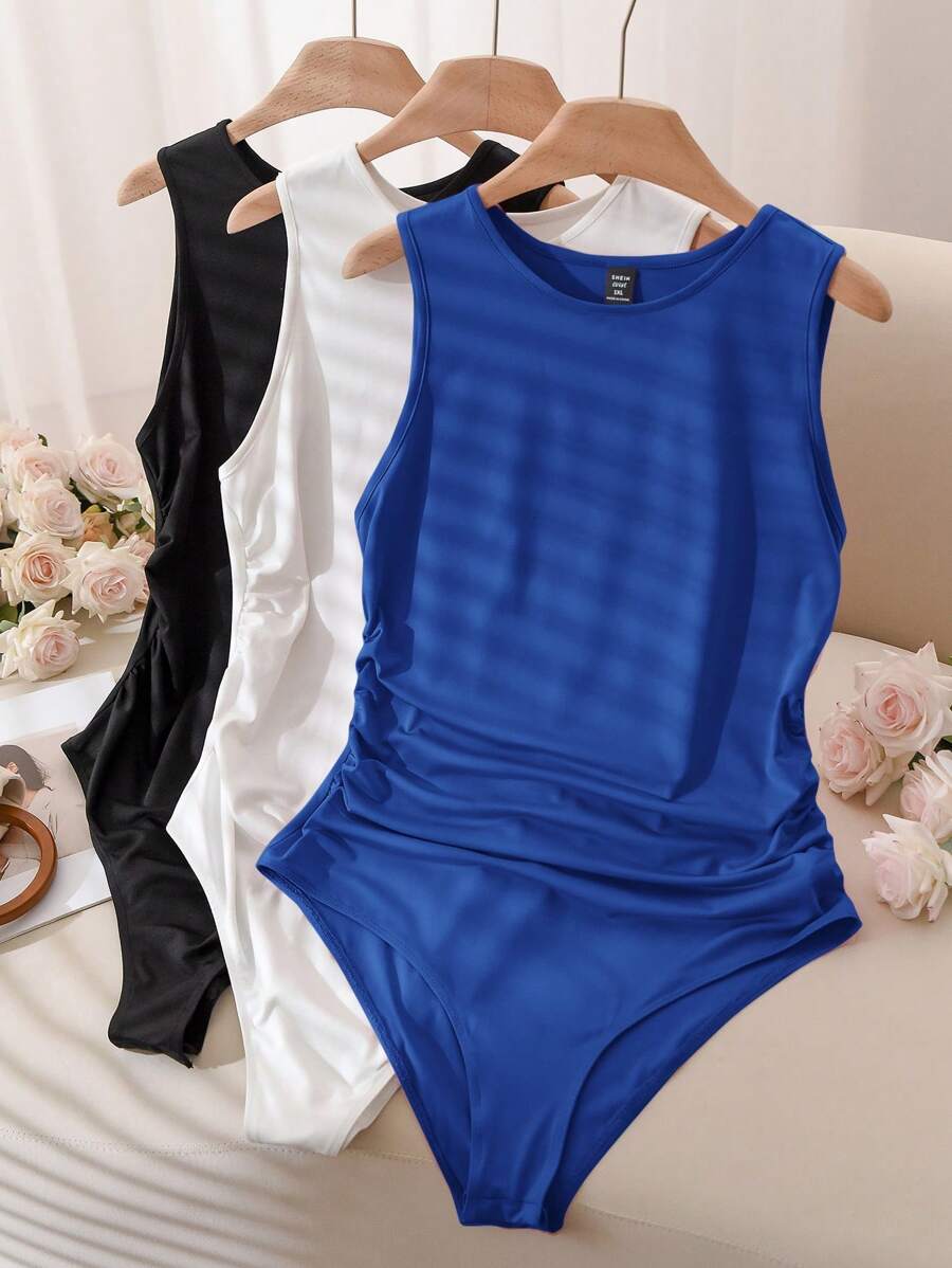 CosyJoli Paquete de 3 bodys básicos de verano sin mangas, de corte ceñido, de colores variados, cómodos y versátiles para uso diario, para mujeres de talla grande. Atuendos de verano para mujeres, blusas para salir, ligeramente transparentes - azul real - Ver 1