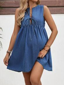 SHEIN Maternity Casual Blue Denim Loose Sleeveless Dress - Medium Wash - View 6