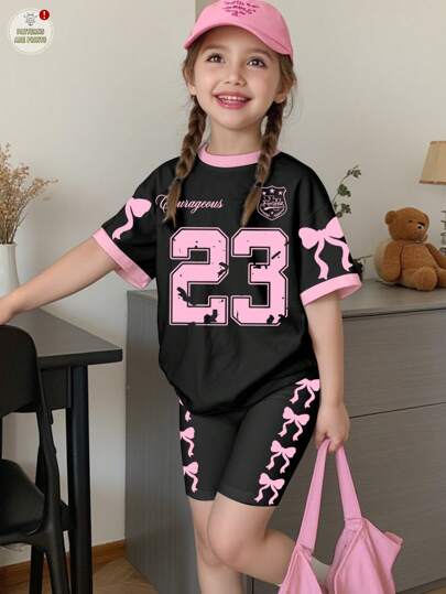 SHEIN 2pcs/Set Sweet Bow-Knot, English Numeral 23 Printed, Young Girl Casual Minimalist Short Sleeve Top And Shorts Set, Suitable For Summer