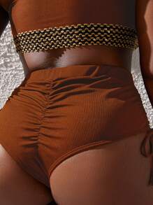 Slaydiva Plus Size Women Plain Side Drawstring Swimwear Bottom For Summer Beach Vacation - Brown - View 1