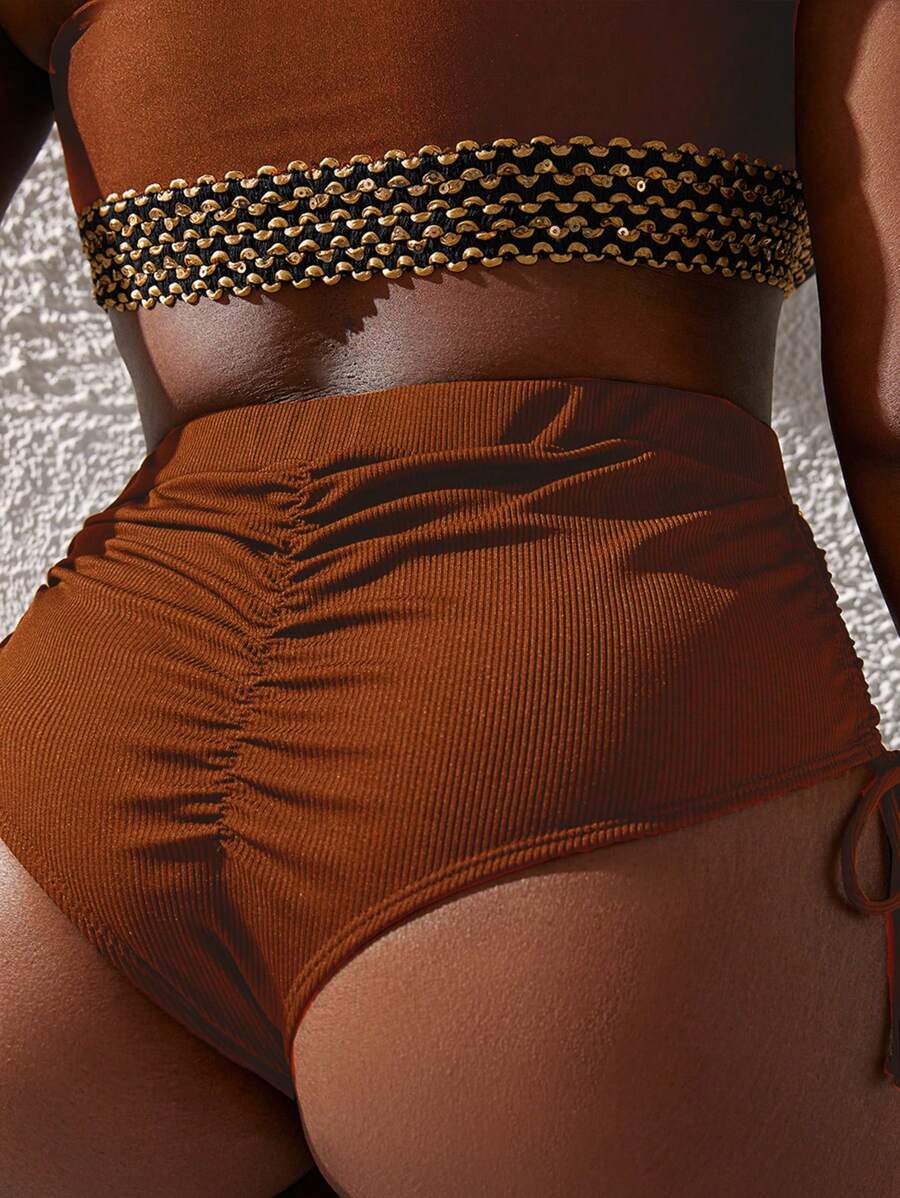 Slaydiva Plus Size Women Plain Side Drawstring Swimwear Bottom For Summer Beach Vacation - Brown - View 1