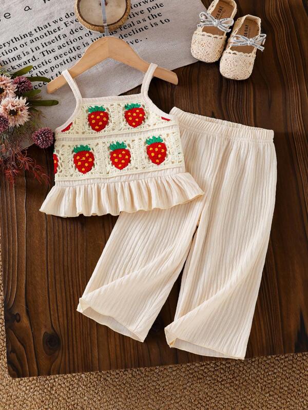 SHEIN Vintaside Kids Toddler Girls Casual Daily Fashion Tank Top Floral Embroidery Delicate Soft Solid Color Pants Set, Summer Baby Travel Cute Sunshine Clothing Baby Girl Strawberry Clothes Toddler Girl Strawberry Outfit