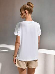 CLARA VERO Rhinestone Detail Round Neck Tee - White - View 7