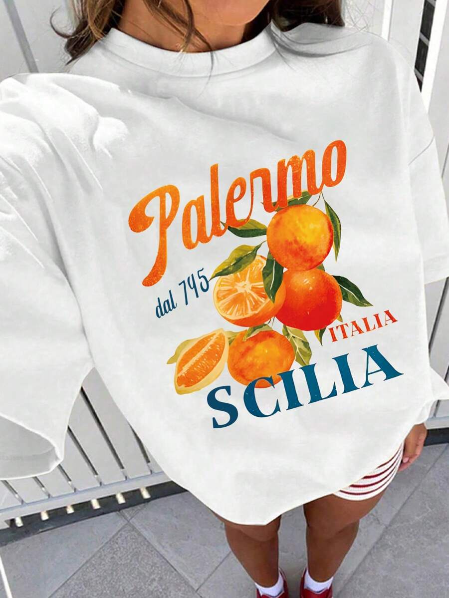 INAWLY Blusa de manga corta con estampado de fruta en un estilo retro naranja y cómoda