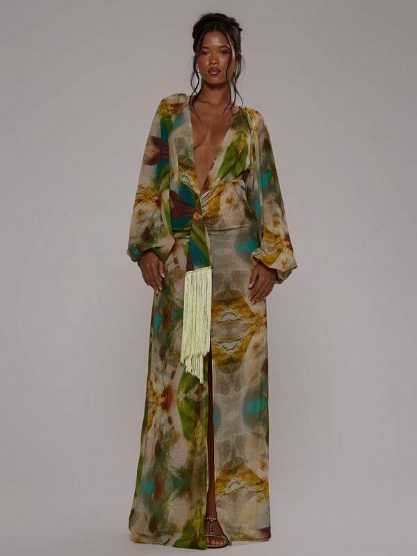 MUSERA Rochie maxi de primăvară-vară, elegantă, cu decolteu adânc în V, croială lejeră, cu ciucuri, imprimeu pe toată suprafața, mânecă lungă, pentru vacanță, nuntă, invitați, plajă, Ibiza
