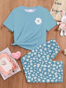 SHEIN Tween Girls Casual Simple Round Neck Short Sleeve Pants Pajama Set, Summer - Multicolor - View 3