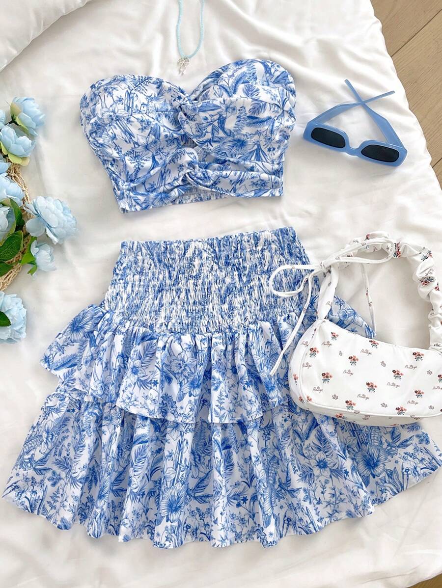 SHEIN 青少年女孩两件套休闲简约舒适褶皱背心和 A 字裙套装 - 粉色 - 查看 1