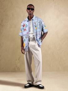 SUMWON Camisa hawaiana de manga corta con botones, de uso casual para vacaciones, playa y verano, con patrón de punto de cruz floral y piña