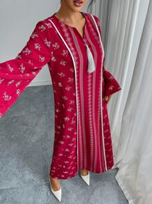 SHEIN Najma Red Faux Embroidered Tassel Modest Arabic Dress - Red - View 4