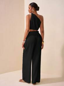 Zivah 2025 Summer New Style For Birthday Parties, Back To School Season, Student Wear, Daily Outings, Basic And Versatile, Leisure, Vacation, Cruise Travel, Beach, Seaside, Sunbathing, Popular Online Style, Elegant, Commuting, Business Casual, One Shoulder, Knot, Off-Shoulder And Backless, Cropped Women's Tops And Straight Loose Trousers, Ruffled Edges, Pockets, Textured Vertical Stripes, Black, Summer Suits, Women's Two-Piece Suits - Black - View 2