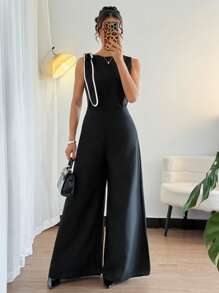 Elenzga Casual Street Style Bow Decor Pocket O-Neck Sleeveless 2 Pieces Set - Black - View 1