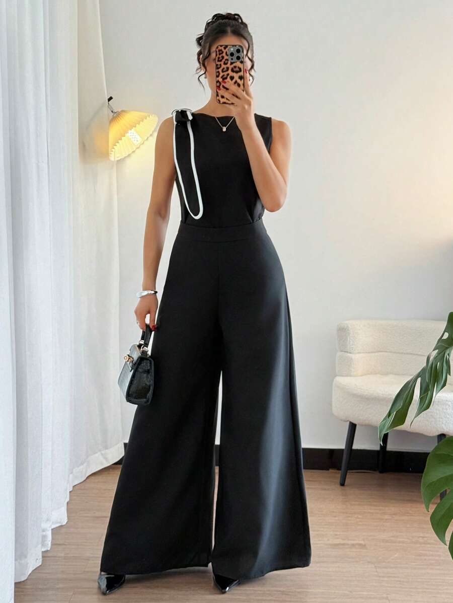 Elenzga Casual Street Style Bow Decor Pocket O-Neck Sleeveless 2 Pieces Set - Black - View 1