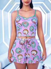 Rick and Morty X SHEIN Set da donna casual per l'estate composto da canottiera corta con stampa a cartoni animati e dettagli a contrasto, abbinato a pantaloncini larghi con coulisse in vita e tasche laterali - Multicolore - Visualizzare 4
