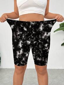 SHEIN Essnce 大码女式休闲全身黑白扎染印花紧身裤，适合春夏季外出穿着，骑行短裤 - 黑與白 - 查看 3
