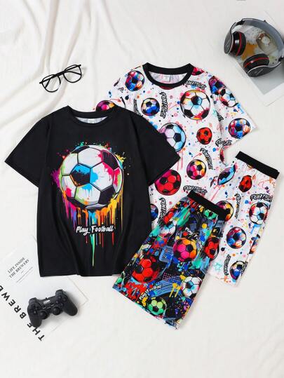 SHEIN 4pcs Tween Boys Casual Cartoon Football Print Round Neck Short Sleeve Top & Shorts, Loose Fit Summer Pajama Set