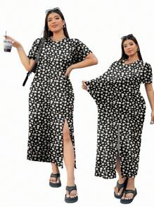SHEIN EZwear 休闲简约夏季雏菊碎花短袖弹力宽松开衩大码连衣裙 - 彩色 - 查看 3